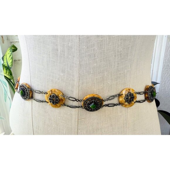 Antique 30's Celloid Circles Green Glass Silverplate women's Link Belt/Necklace - Picture 5 of 16